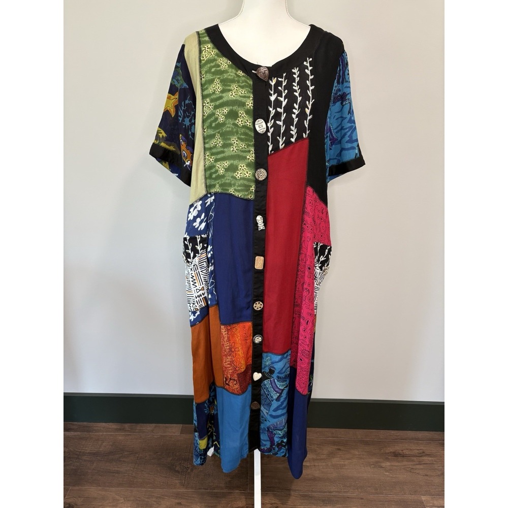 LA CERA Kaftan Maxi Dress Women's XL Pockets Short Sleeve Patchwork Artsy